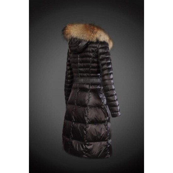 Women Moncler Long Down Coats With Raccoon Fur Collar Black