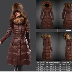 Women Moncler Long Down Coats With Raccoon Fur Collar Brown