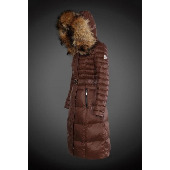 Women Moncler Long Down Coats With Raccoon Fur Collar Brown