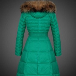 Women Moncler Long Down Coats With Raccoon Fur Collar Green