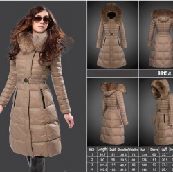 Women Moncler Long Down Coats With Raccoon Fur Collar Light Tan