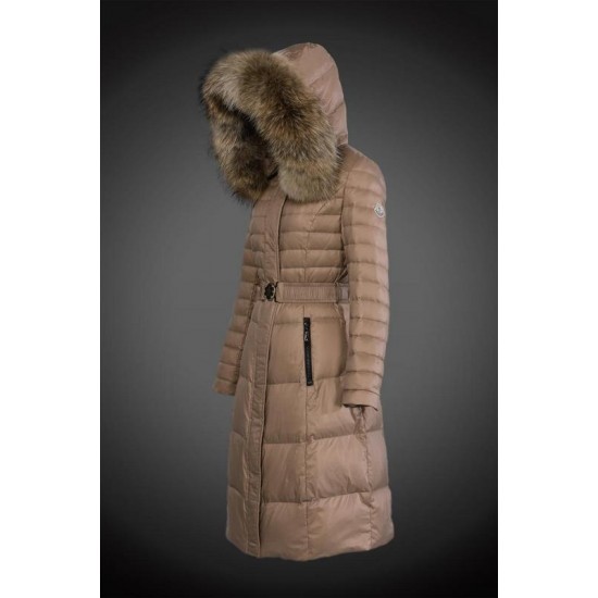 Women Moncler Long Down Coats With Raccoon Fur Collar Light Tan