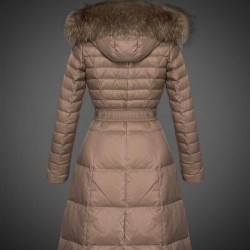 Women Moncler Long Down Coats With Raccoon Fur Collar Light Tan