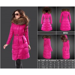 Women Moncler Long Down Coats With Raccoon Fur Collar Rose Red