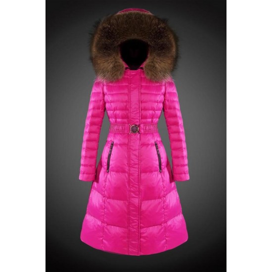 Women Moncler Long Down Coats With Raccoon Fur Collar Rose Red