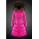 Women Moncler Long Down Coats With Raccoon Fur Collar Rose Red