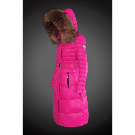 Women Moncler Long Down Coats With Raccoon Fur Collar Rose Red