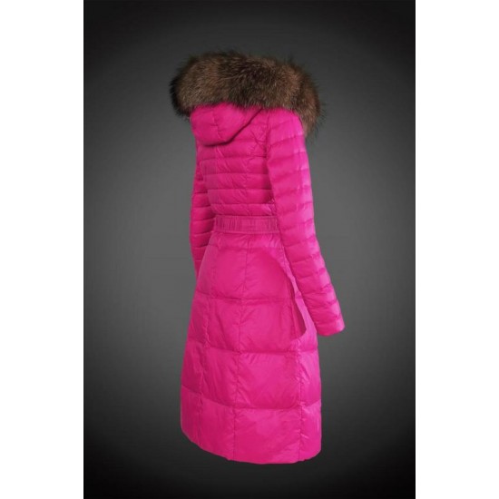 Women Moncler Long Down Coats With Raccoon Fur Collar Rose Red