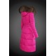 Women Moncler Long Down Coats With Raccoon Fur Collar Rose Red