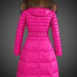 Women Moncler Long Down Coats With Raccoon Fur Collar Rose Red