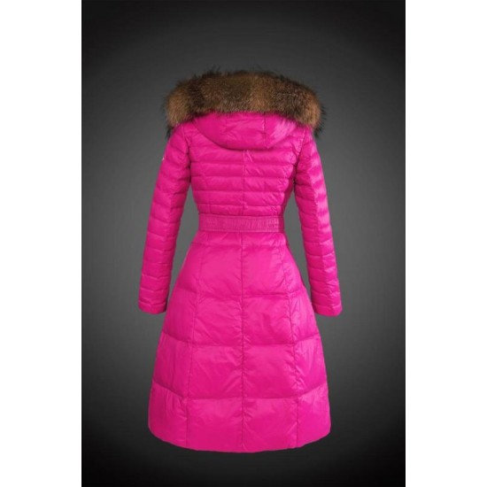 Women Moncler Long Down Coats With Raccoon Fur Collar Rose Red