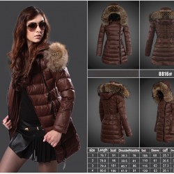 Women Moncler Long Down Coats With Raccoon Fur Collar Brown