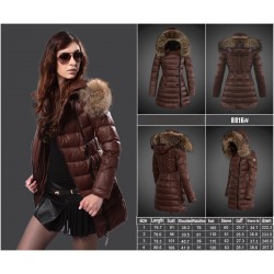 Women Moncler Long Down Coats With Raccoon Fur Collar Brown