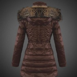 Women Moncler Long Down Coats With Raccoon Fur Collar Brown