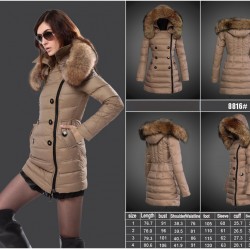 Women Moncler Long Down Coats With Raccoon Fur Collar Light Tan