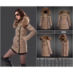 Women Moncler Long Down Coats With Raccoon Fur Collar Light Tan