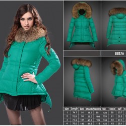 Women Moncler Down Coat With Raccoon Fur Collar Green