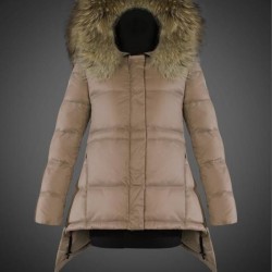 Women Moncler Down Coat With Raccoon Fur Collar Light Tan