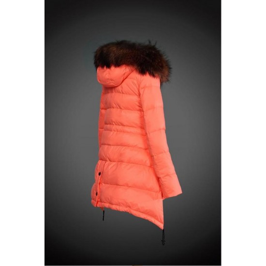 Women Moncler Down Coat With Raccoon Fur Collar Orange