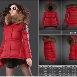 Women Moncler Down Coat With Raccoon Fur Collar Red