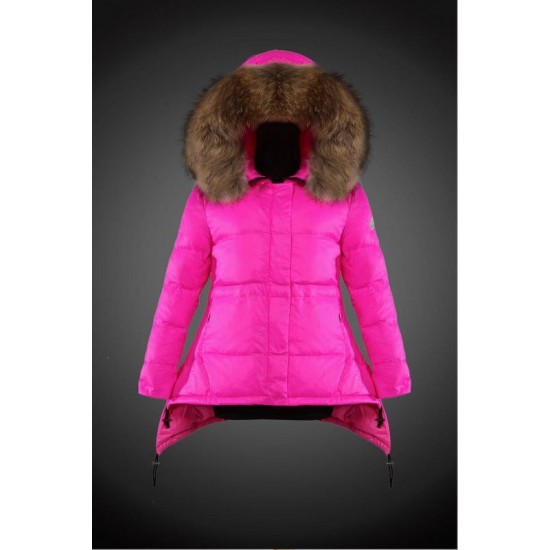 Women Moncler Down Coat With Raccoon Fur Collar Rose Red