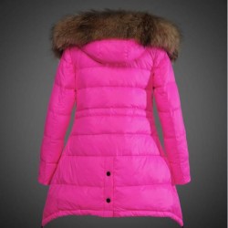 Women Moncler Down Coat With Raccoon Fur Collar Rose Red