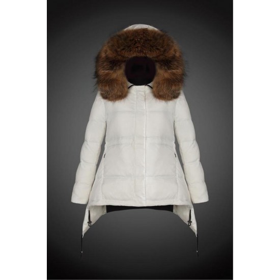 Women Moncler Down Coat With Raccoon Fur Collar White