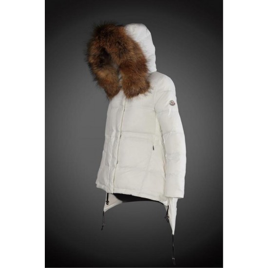 Women Moncler Down Coat With Raccoon Fur Collar White