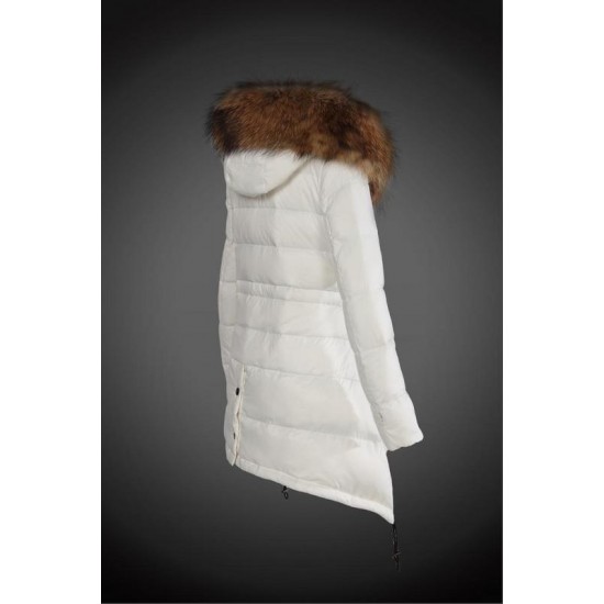 Women Moncler Down Coat With Raccoon Fur Collar White