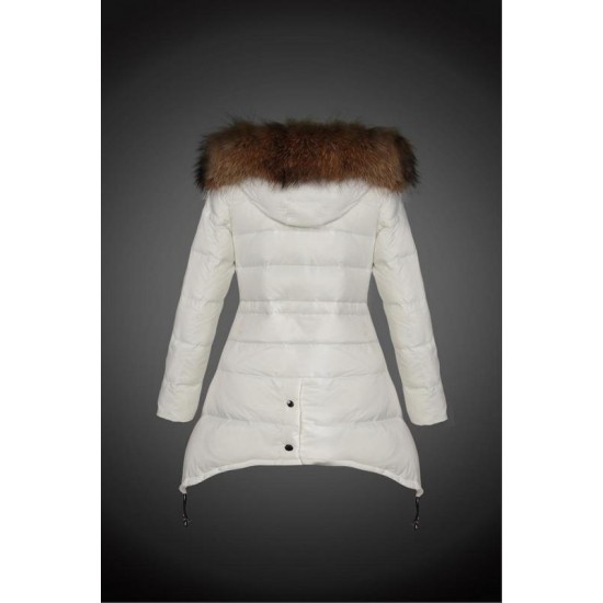 Women Moncler Down Coat With Raccoon Fur Collar White