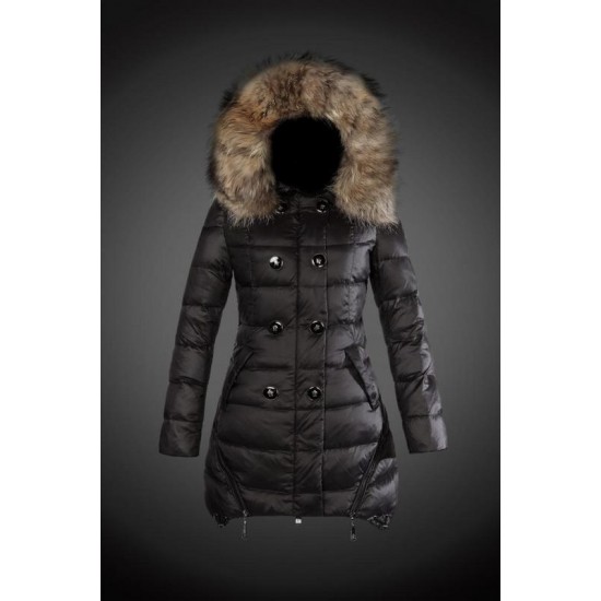 Women Moncler Long Down Coats With Raccoon Fur Collar Black