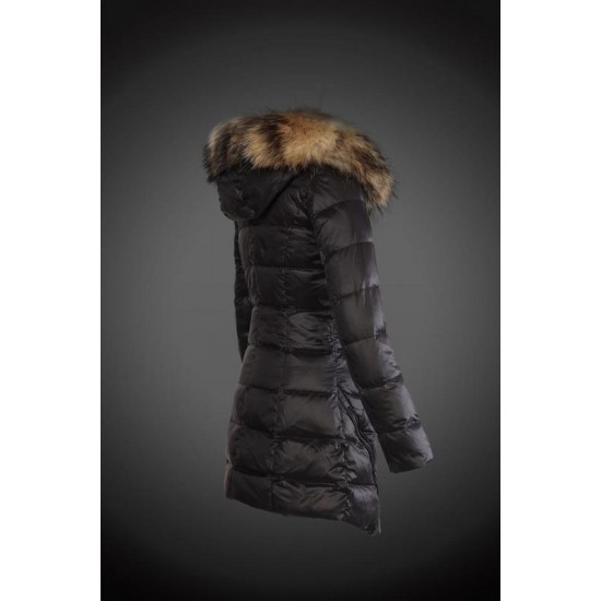 Women Moncler Long Down Coats With Raccoon Fur Collar Black