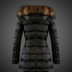 Women Moncler Long Down Coats With Raccoon Fur Collar Black