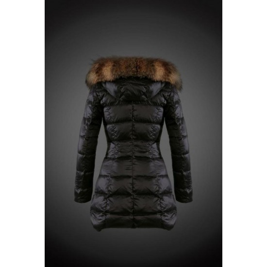 Women Moncler Long Down Coats With Raccoon Fur Collar Black