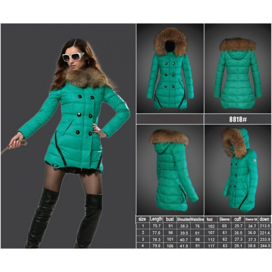 Women Moncler Long Down Coats With Raccoon Fur Collar Green