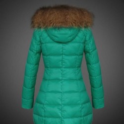 Women Moncler Long Down Coats With Raccoon Fur Collar Green