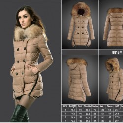 Women Moncler Long Down Coats With Raccoon Fur Collar Light Tan