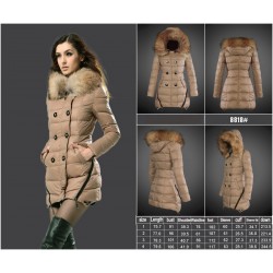 Women Moncler Long Down Coats With Raccoon Fur Collar Light Tan