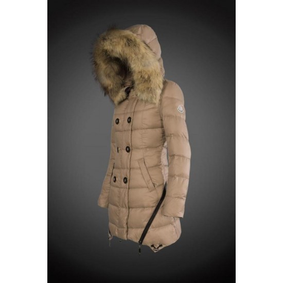 Women Moncler Long Down Coats With Raccoon Fur Collar Light Tan