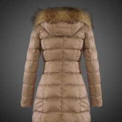 Women Moncler Long Down Coats With Raccoon Fur Collar Light Tan