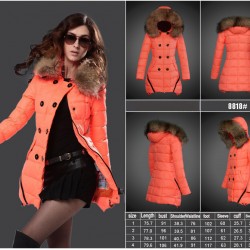 Women Moncler Long Down Coats With Raccoon Fur Collar Orange