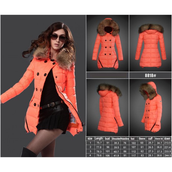 Women Moncler Long Down Coats With Raccoon Fur Collar Orange