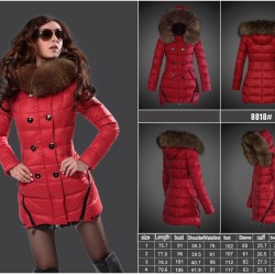 Women Moncler Long Down Coats With Raccoon Fur Collar Red