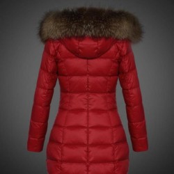 Women Moncler Long Down Coats With Raccoon Fur Collar Red