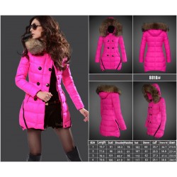 Women Moncler Long Down Coats With Raccoon Fur Collar Rose Red