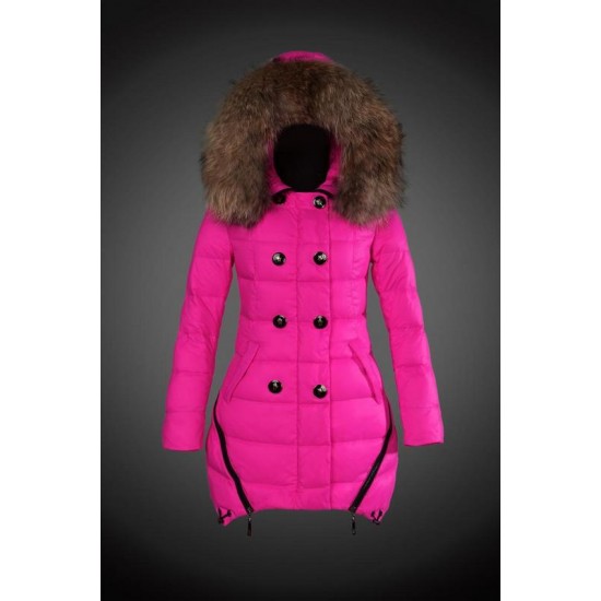 Women Moncler Long Down Coats With Raccoon Fur Collar Rose Red