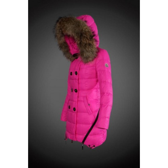 Women Moncler Long Down Coats With Raccoon Fur Collar Rose Red