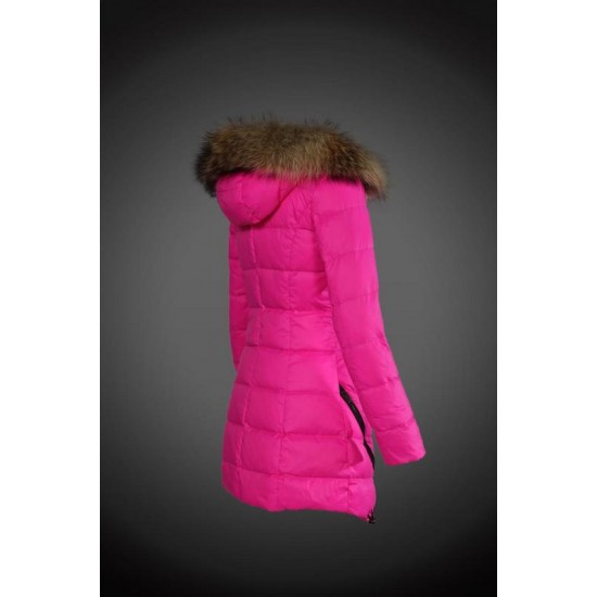 Women Moncler Long Down Coats With Raccoon Fur Collar Rose Red