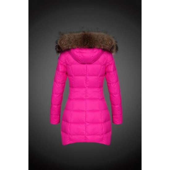 Women Moncler Long Down Coats With Raccoon Fur Collar Rose Red