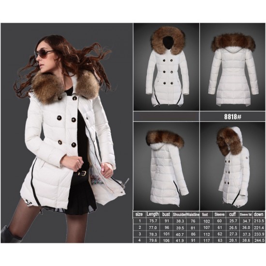 Women Moncler Long Down Coats With Raccoon Fur Collar White